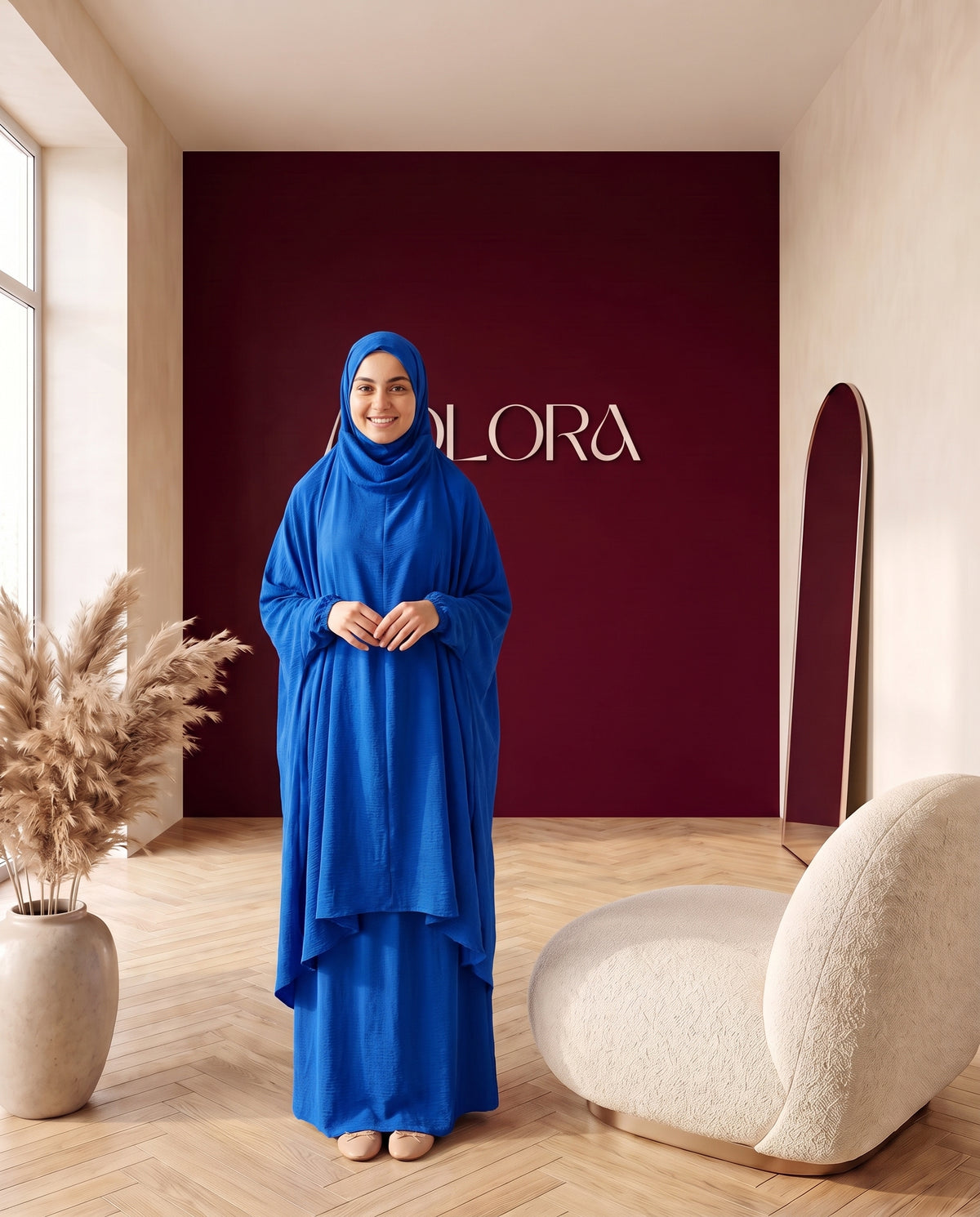 Abayah Zweiteiler in Royalblau - Khimar und Rock von vorne