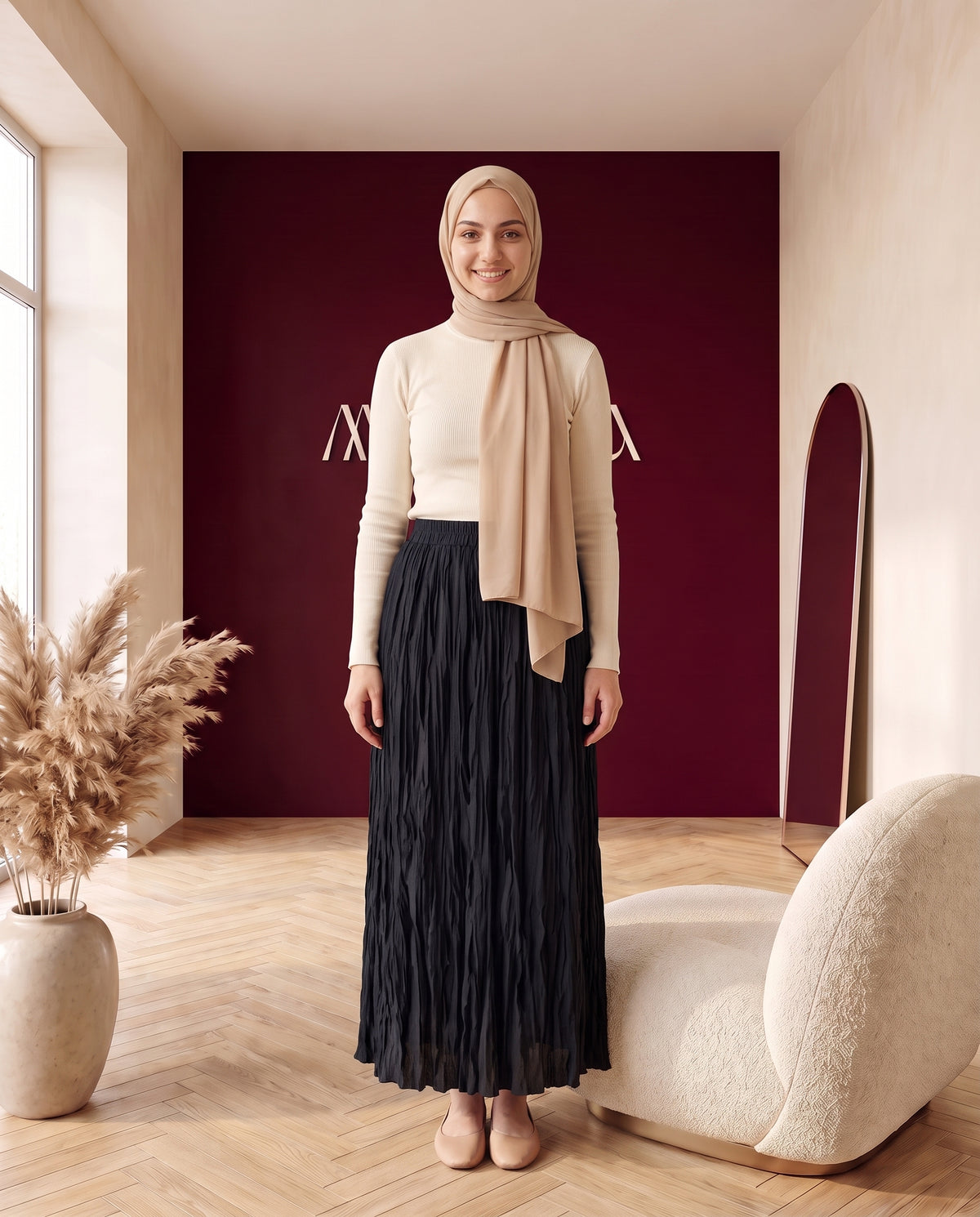 Crinkle-Plissee-Maxirock Navy – Vorderansicht