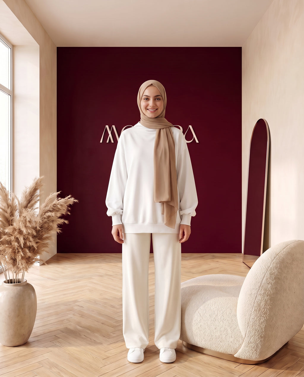 Oversize-Sweater mit Stehkragen Weiß – Vorderansicht