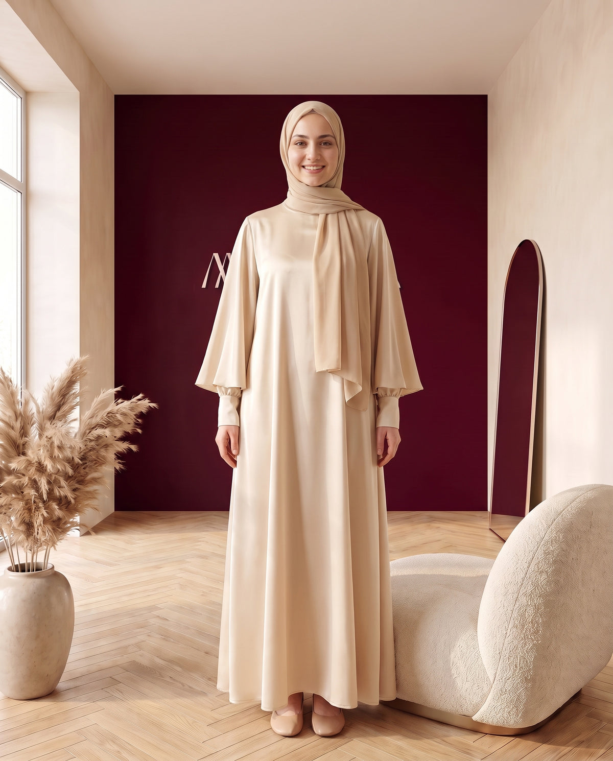 Satin-Abaya mit Cape-Ärmeln Champagner – Vorderansicht
