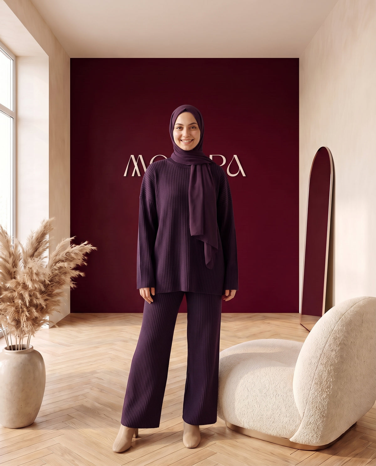 Strick-Zweiteiler Pullover und Hose Aubergine – Vorderansicht