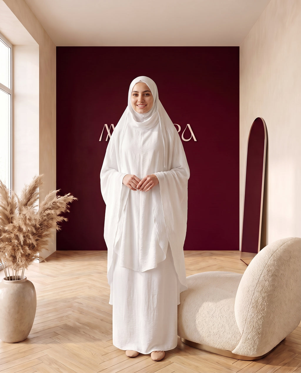 Abayah Zweiteiler in Weiß - Khimar und Rock von vorne