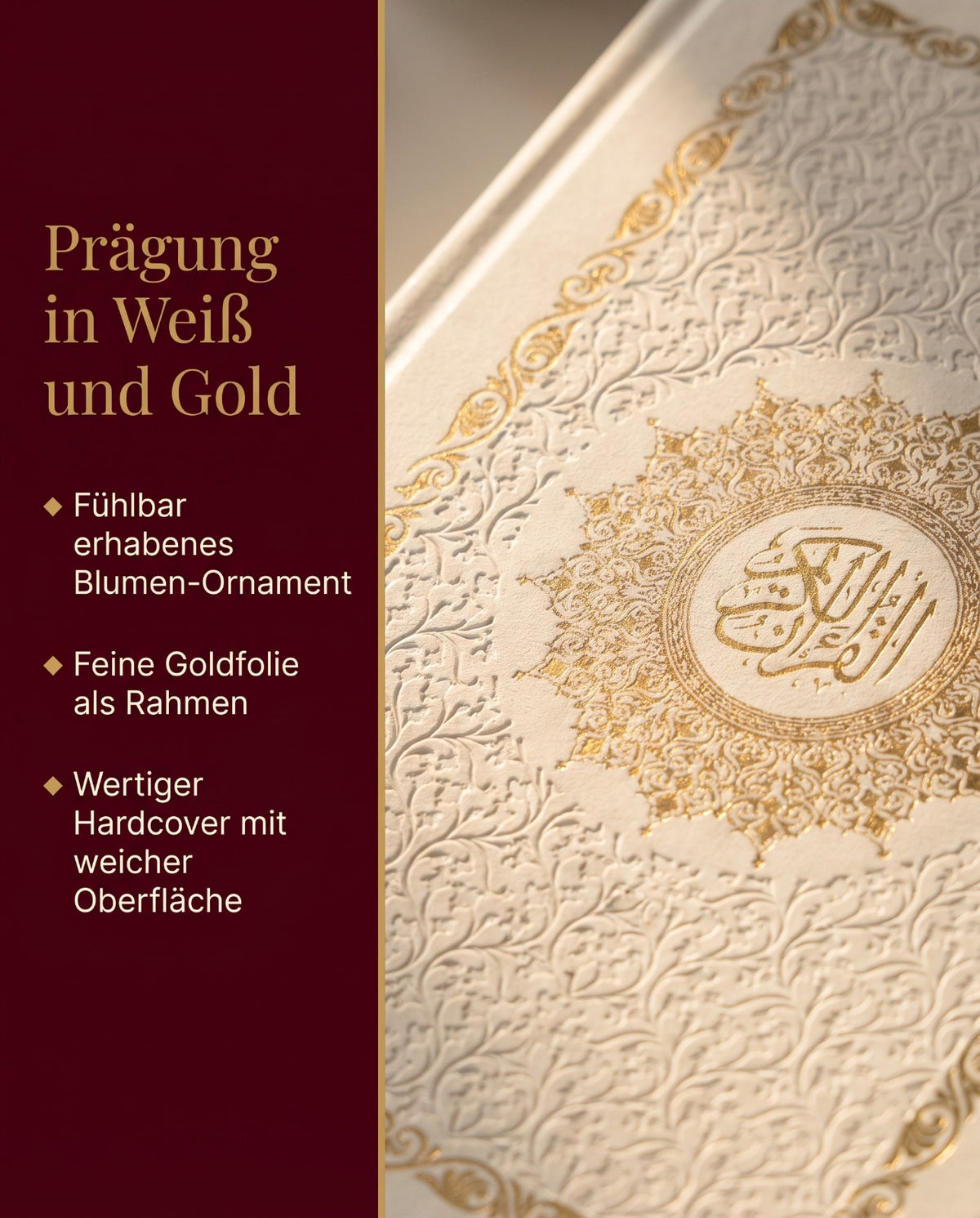 Detail des weissen Koran-Einbands mit goldener Ornamentpraegung