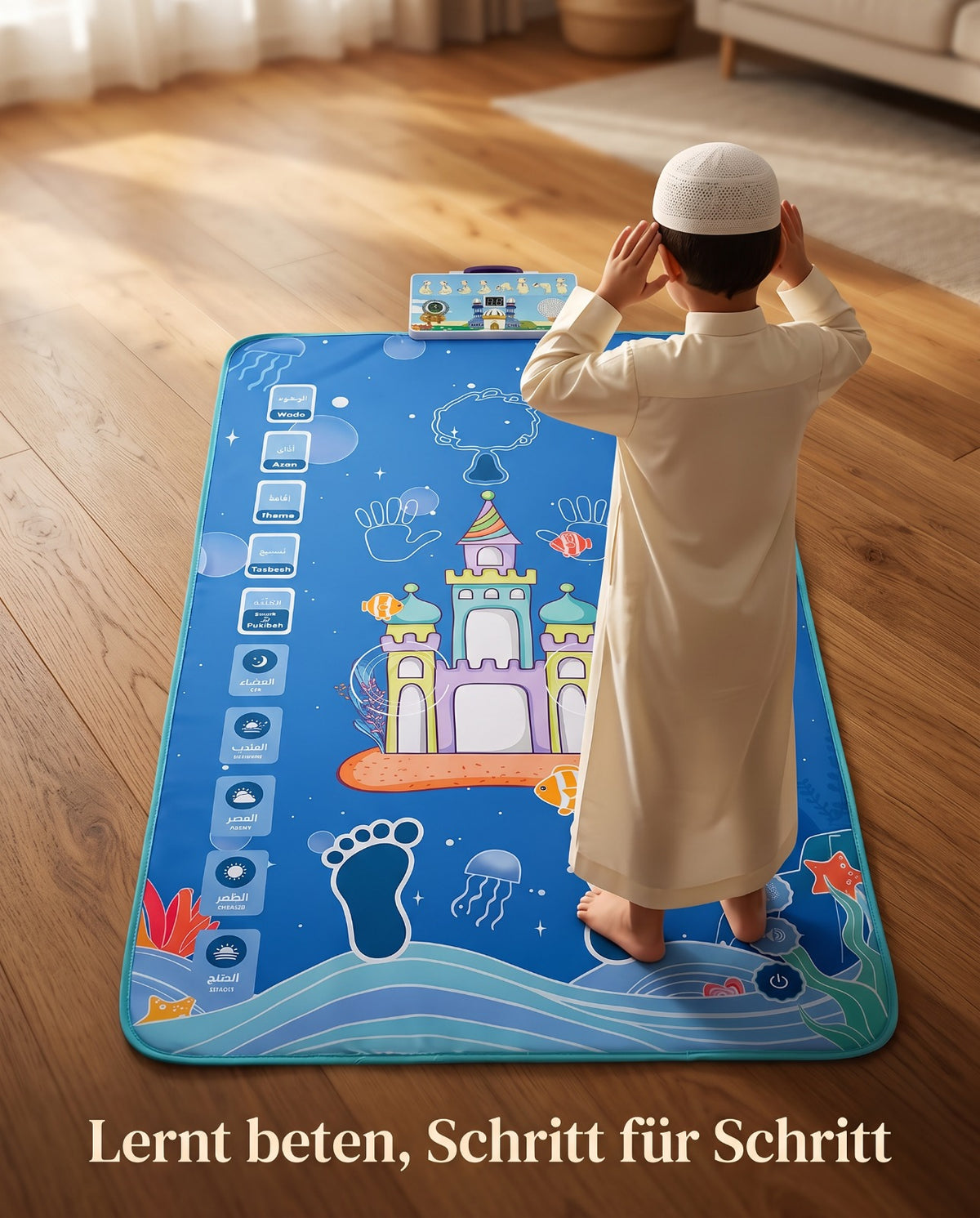 Blauer interaktiver Lern-Gebetsteppich fuer Jungen mit Moschee-Motiv