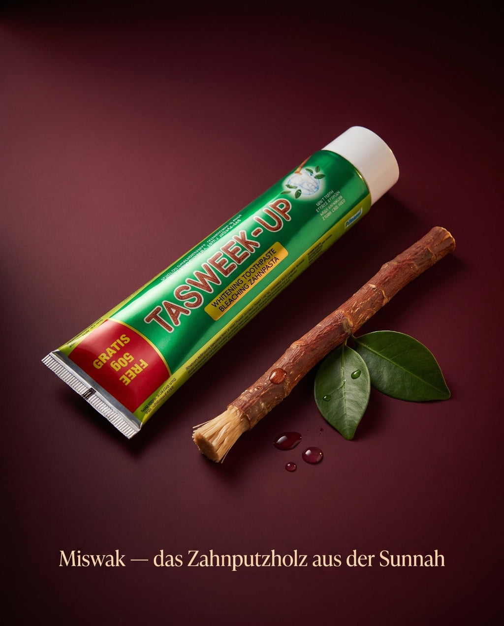 Miswak Zahnputzholz mit Tasweek-Up Zahnpasta und frischen Arak-Blaettern - Molora Set
